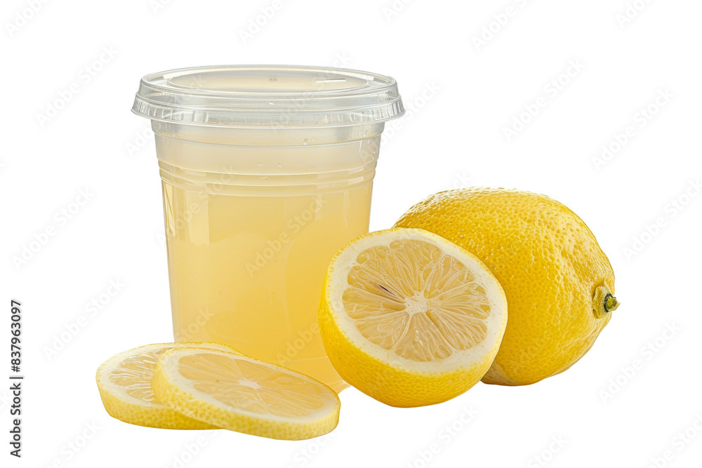Refreshing lemon juice in a clear plastic cup next to fresh sliced and whole lemons. Perfect for summer beverage promotions. Refreshing lemon juice in a clear plastic cup next to fresh sliced and whole lemons. Perfect for summer beverage promotions.