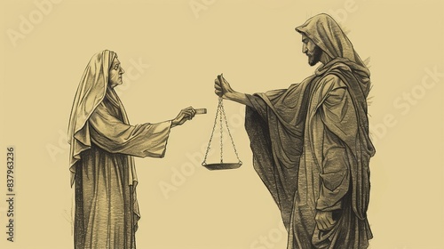 Biblical Illustration of the Parable of the Unjust Judge: Widow Persistently Asking for Justice, Beige Background, Copyspace photo