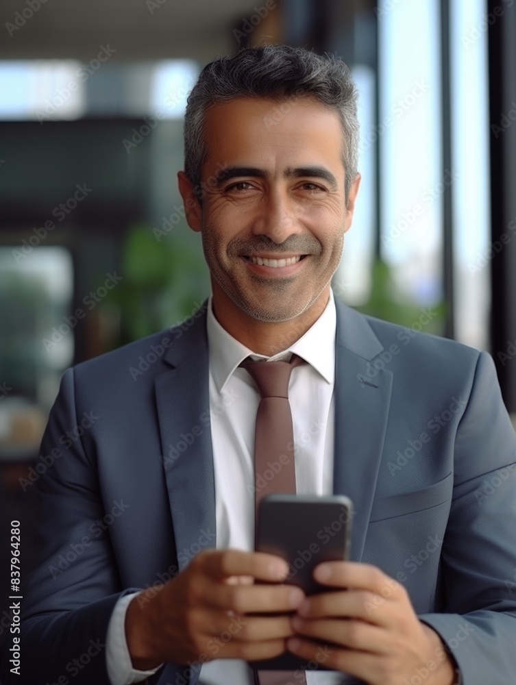 A man in a suit holding a cell phone with a smile on his face. Concept of confidence and happiness A man in a suit holding a cell phone with a smile on his face. Concept of confidence and happiness