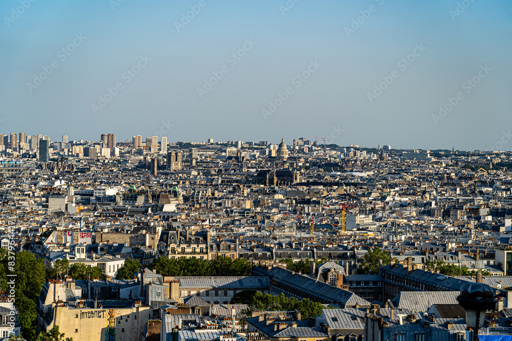 Aerial view of the Paris skyline, from an elevated area in the Montmartre district Aerial view of the Paris skyline, from an elevated area in the Montmartre district