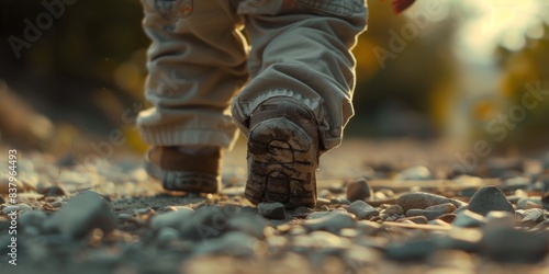 A baby s foot is shown on a rocky path. The baby is wearing a pair of pants and a pair of shoes