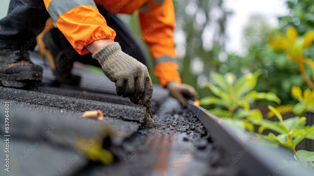 Roofer measuring, cutting, and fitting materials for a seamless installation on a residential roof, Roofer measuring, cutting, and fitting materials for a seamless installation on a residential roof,