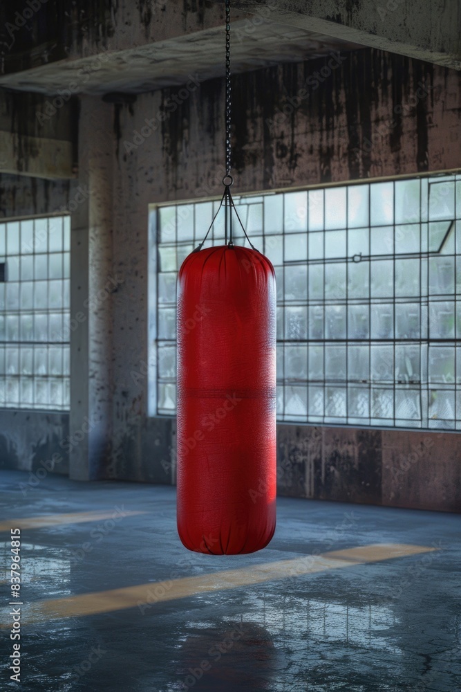 A red boxing bag hangs from the ceiling in a dimly lit room. The bag is the only object in the room, and it is the focal point of the scene. The room is empty and has a somber atmosphere
