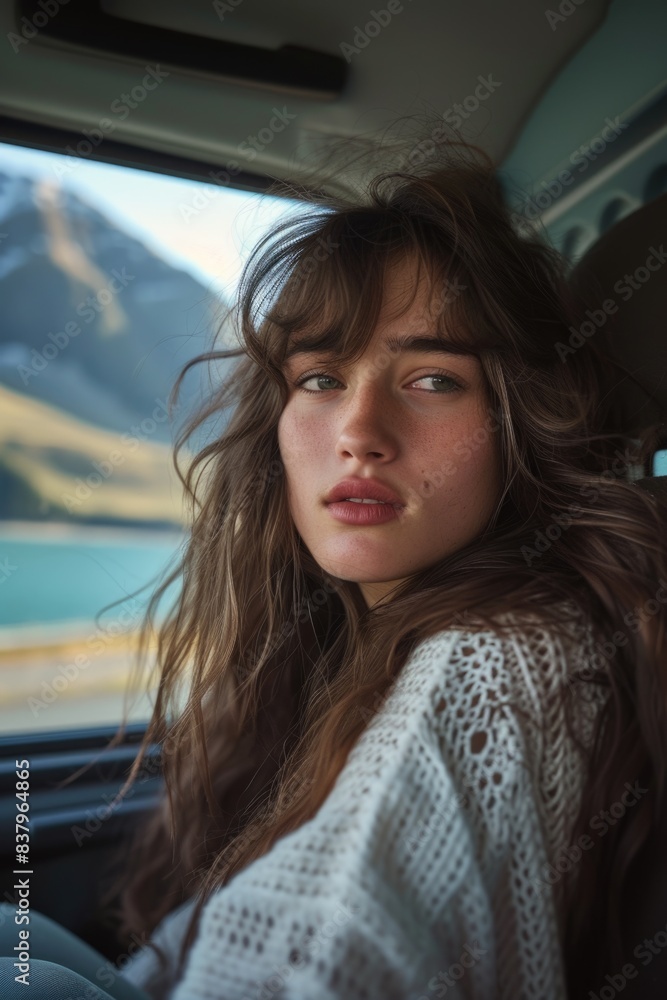 A woman with long brown hair is sitting in a car and looking out the window. The scene is set in a mountainous area with a lake in the background. The woman is enjoying the view A woman with long brown hair is sitting in a car and looking out the window. The scene is set in a mountainous area with a lake in the background. The woman is enjoying the view