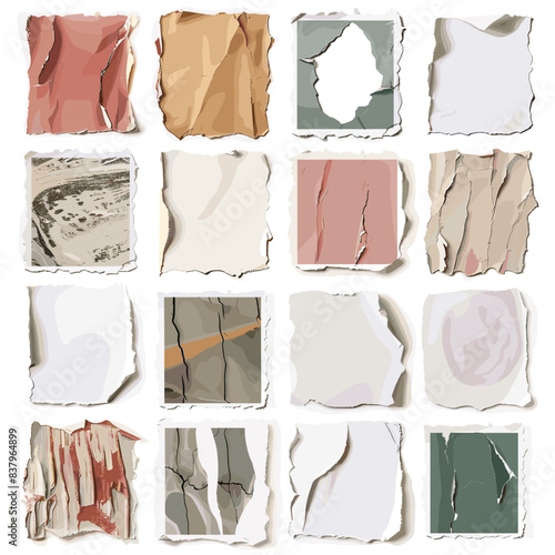 Collection various torn paper pieces textures rough edges scraps. Artistic creative backdrop crumpled paper ripped edges collage materials. Old damaged layers mixed colors creative craft project