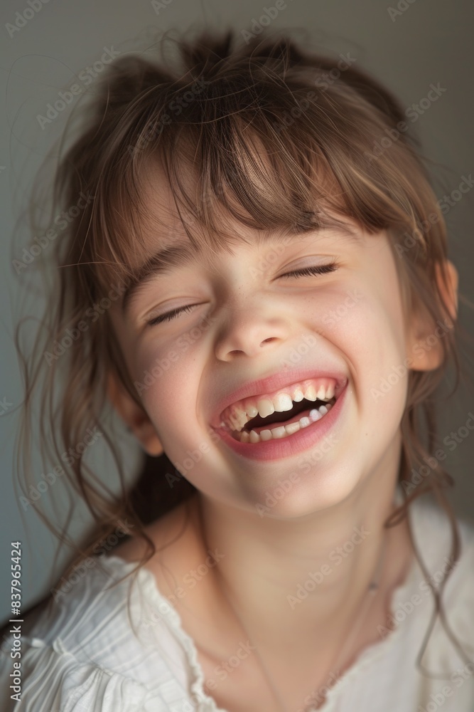 A young girl is smiling and laughing while wearing a white shirt. She has a necklace around her neck and her hair is styled in a ponytail. The image conveys a happy and carefree mood A young girl is smiling and laughing while wearing a white shirt. She has a necklace around her neck and her hair is styled in a ponytail. The image conveys a happy and carefree mood