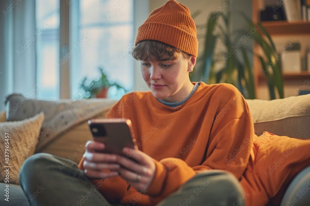 A young man is sitting on a couch and looking at his phone. He is wearing an orange sweater and a brown beanie A young man is sitting on a couch and looking at his phone. He is wearing an orange sweater and a brown beanie