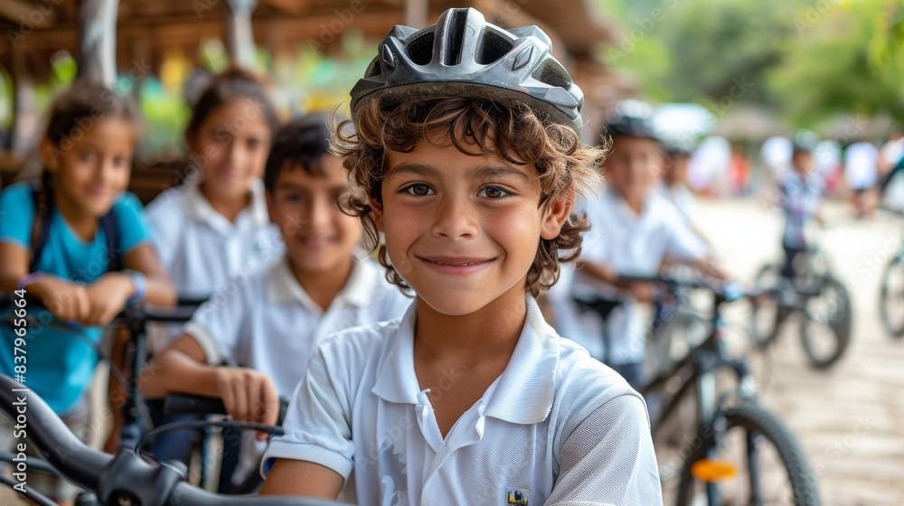 A cheerful schoolboy proudly wears a cycling helmet among other students at a bike event A cheerful schoolboy proudly wears a cycling helmet among other students at a bike event