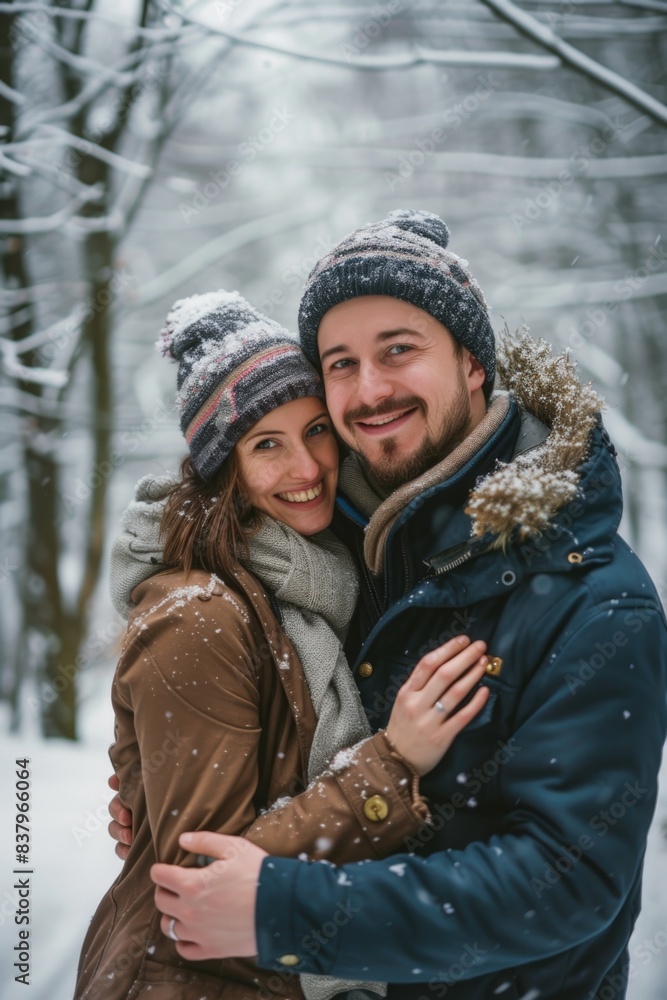 A couple is posing for a picture in the snow, both wearing hats and warm clothing. The man is smiling and the woman is hugging him. Scene is warm and affectionate, capturing a moment of love A couple is posing for a picture in the snow, both wearing hats and warm clothing. The man is smiling and the woman is hugging him. Scene is warm and affectionate, capturing a moment of love