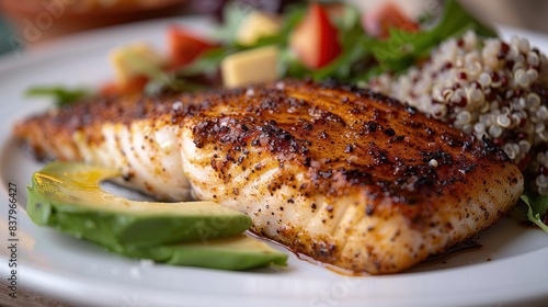Image of a blackened swordfish steak with a side of quinoa salad and avocado slices