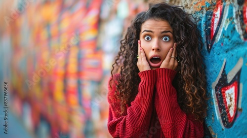 A woman with curly hair is crying and her face is wide open. She is wearing a red sweater
