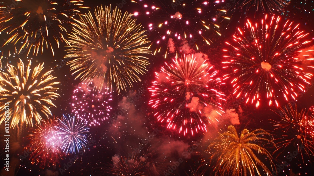 Fototapeta premium A fireworks display with many different colored fireworks. The fireworks are in the air and are very bright