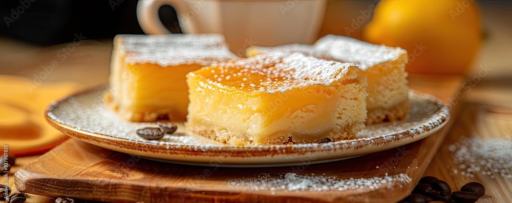 Delicious lemon bars dusted with powdered sugar on a wooden plate, perfect for a sweet treat or dessert. Coffee in background. Delicious lemon bars dusted with powdered sugar on a wooden plate, perfect for a sweet treat or dessert. Coffee in background.