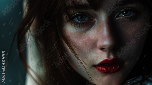 A woman with red lips and brown hair. The woman has a sad expression on her face. The image is a close up of the woman's face