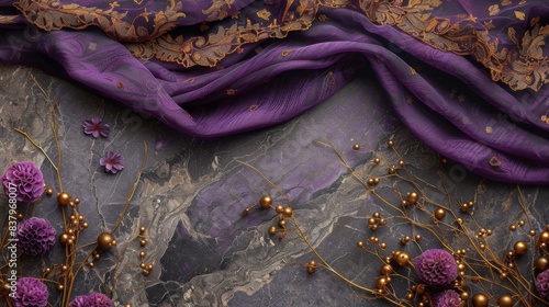 A regal composition featuring purple lace on amethyst marble, complemented by purple silk and gold ornaments. 