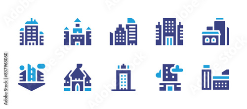 City icon set. Duotone color. Vector illustration. Containing castle, city, buildings, skyscraper, building, officebuilding.