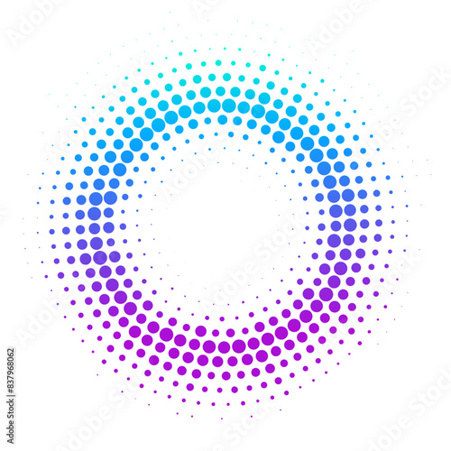 Halftone effect dotted colorful gradient frame. Isolated vector dotted circle