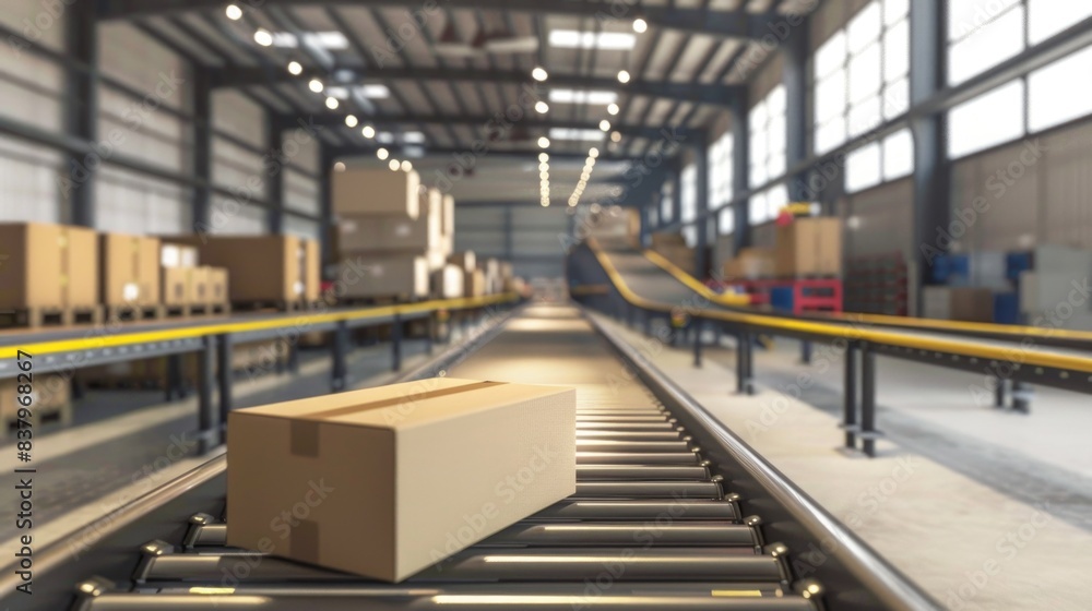 Modern Delivery Logistics Warehouse with Working Automated Conveyor Belt with Retail Parcels, Cardboard Boxes Modern Delivery Logistics Warehouse with Working Automated Conveyor Belt with Retail Parcels, Cardboard Boxes