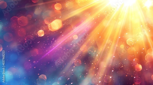 A digital illustration of bright yellow sunrays beaming down onto a dark, colorful background with bokeh lights photo
