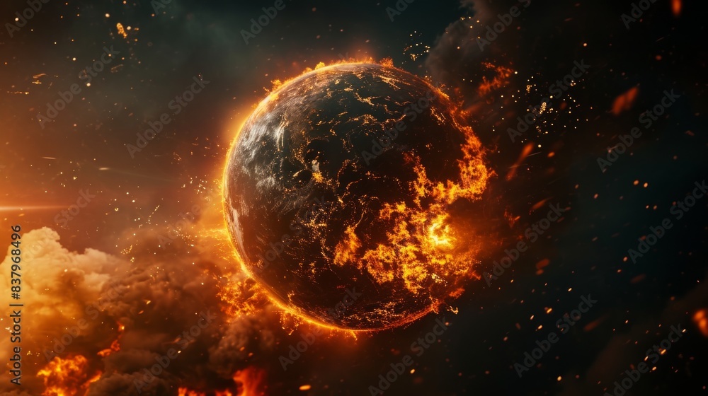 Burning Earth globe, end of the world, complete destruction of planet due to global warming, burning earth damage. Burning Earth globe, end of the world, complete destruction of planet due to global warming, burning earth damage.