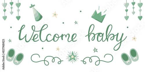 Vector invitation card template for baby gender reveal party. Welcome baby greeting card. Color illustration with confetti and party favors in color for boys on a white background.