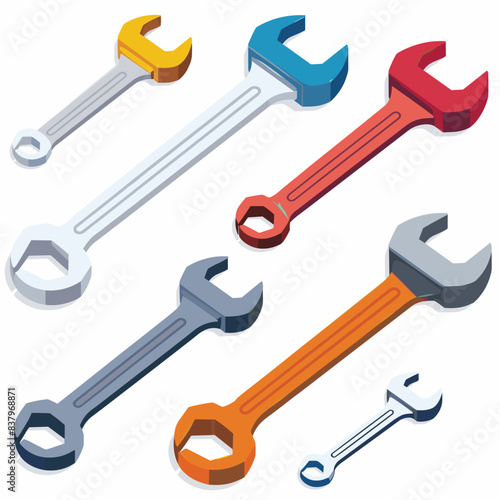 Five wrenches different colors sizes set diagonally across. Isometric tools, handyman, repair equipment. Colorful wrenches, isometric design, hardware tools, workshop