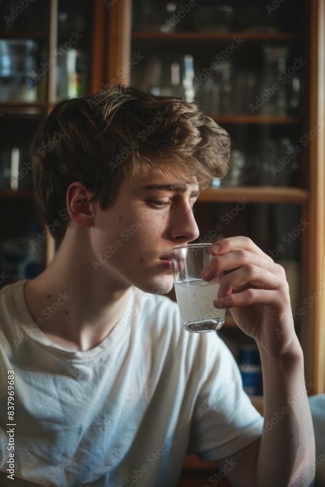 A young man is drinking water from a glass. He is looking down and he is in a contemplative mood A young man is drinking water from a glass. He is looking down and he is in a contemplative mood