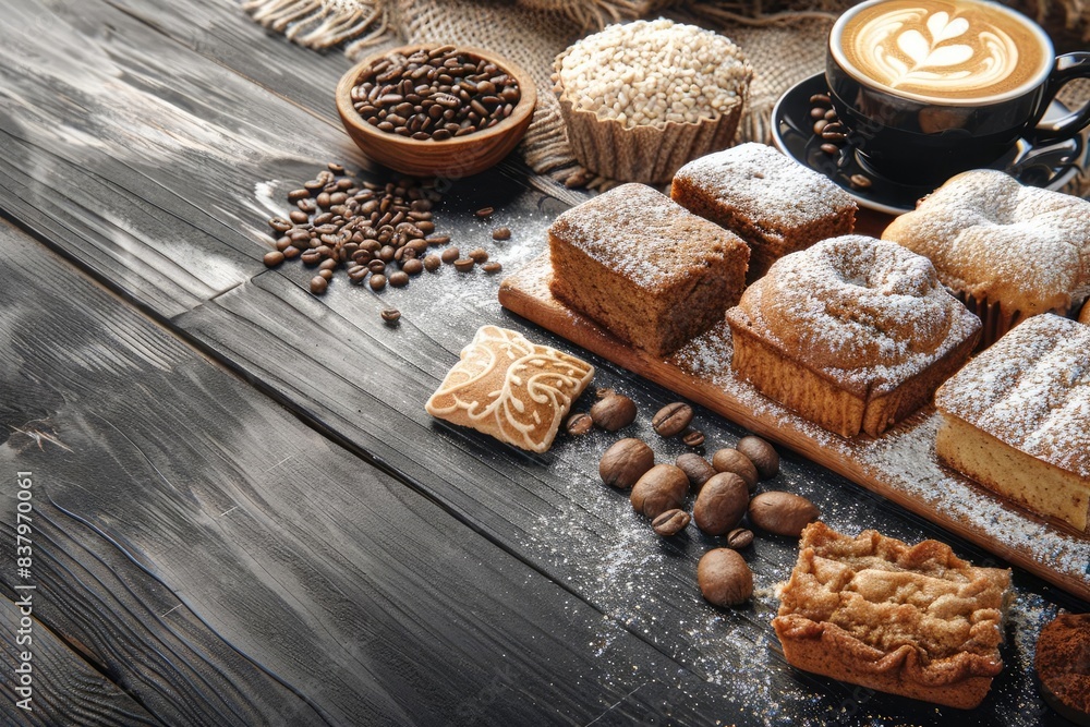 Close-up of blondies on a wooden table, with coffee beans and a steaming cappuccino, ideal for a delicious breakfast Close-up of blondies on a wooden table, with coffee beans and a steaming cappuccino, ideal for a delicious breakfast