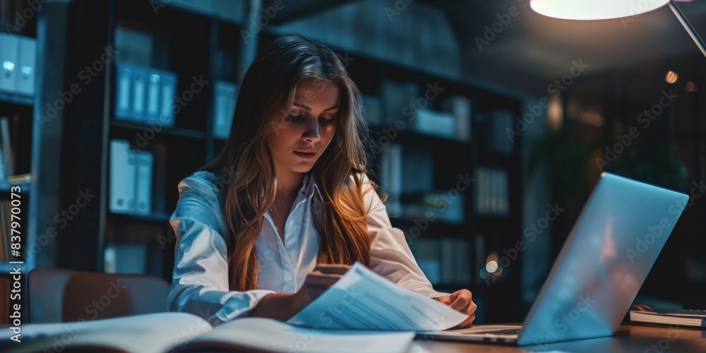 A woman is sitting at a desk with a laptop and a stack of papers. She is focused on her work, possibly writing or researching. The room is dimly lit, creating a calm and focused atmosphere A woman is sitting at a desk with a laptop and a stack of papers. She is focused on her work, possibly writing or researching. The room is dimly lit, creating a calm and focused atmosphere