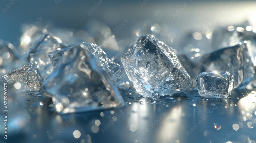 A close up of ice cubes on a blue surface. The ice cubes are scattered and some are larger than others. Concept of coldness and stillness, as the ice cubes are frozen and not moving A close up of ice cubes on a blue surface. The ice cubes are scattered and some are larger than others. Concept of coldness and stillness, as the ice cubes are frozen and not moving