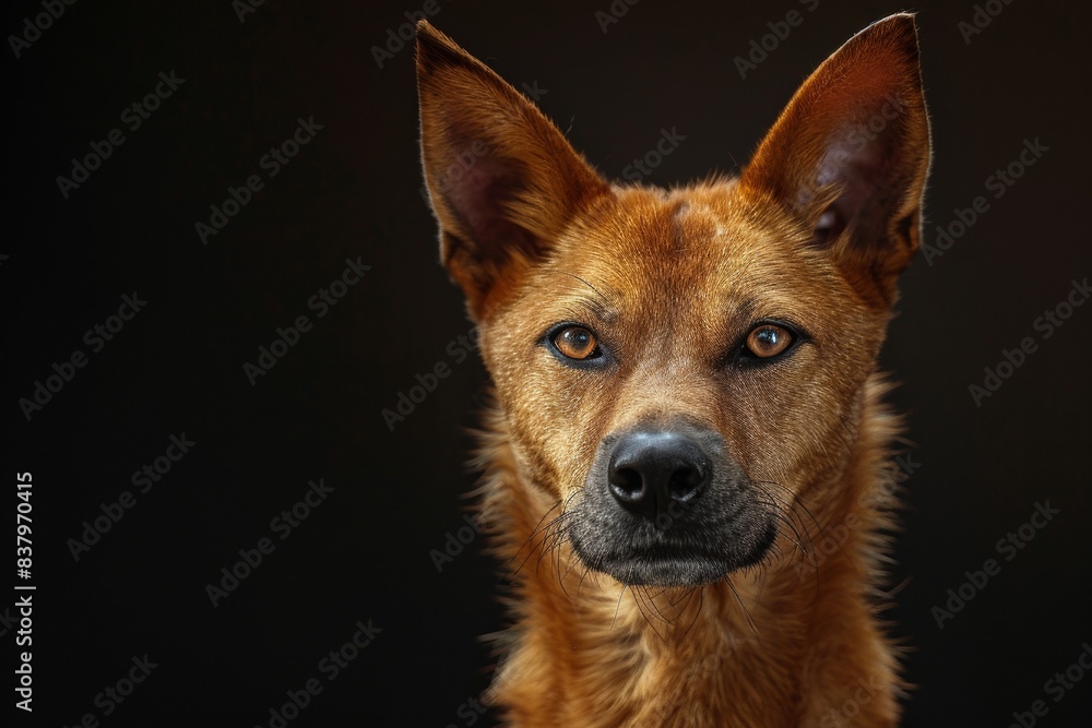 Mystic portrait of Dingo a in studio, copy space on right side, Anger, Menacing, Headshot, Close-up View Isolated on black background Mystic portrait of Dingo a in studio, copy space on right side, Anger, Menacing, Headshot, Close-up View Isolated on black background