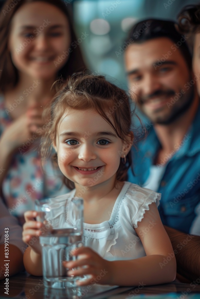 Obraz premium A young girl is smiling and holding a glass of water. The family is gathered around her, and they all seem happy and content. Concept of warmth and togetherness