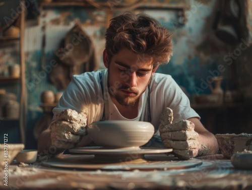 A person shaping a bowl from clay, hands moving slowly as they craft the object