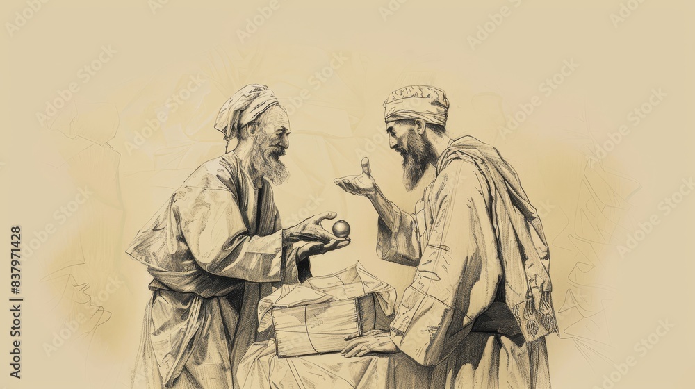 Biblical Illustration of the Parable of the Pearl of Great Price: Merchant Holding Valuable Pearl, Beige Background, Copyspace Biblical Illustration of the Parable of the Pearl of Great Price: Merchant Holding Valuable Pearl, Beige Background, Copyspace