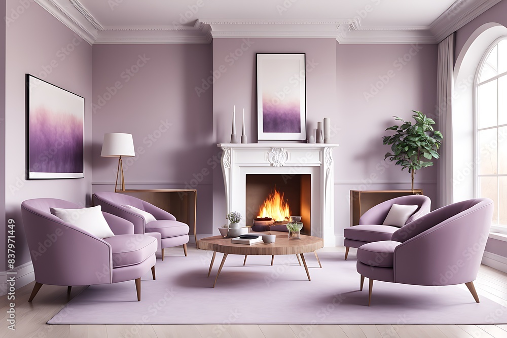 Fototapeta premium Luxury American Style Lounge Room with Mauve Chairs and Large Fireplace - Cozy Living Room Design