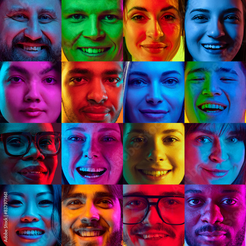 Happiness. Closeup portraits of young emotional people, excited men and women expressing different emotions in neon light against multicolored background. Concept of youth, emotions, human rights.