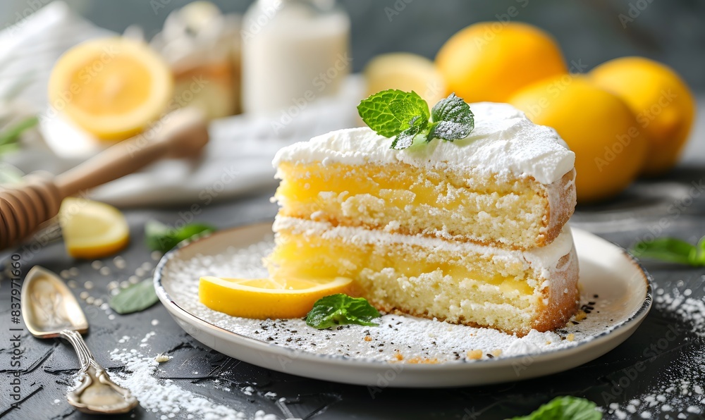 delicious lemon cake dessert with mint , Generative AI delicious lemon cake dessert with mint , Generative AI