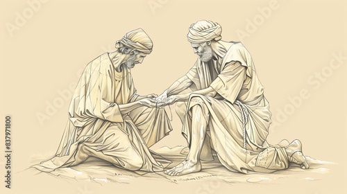 Biblical Illustration of the Parable of the Good Samaritan: Samaritan Caring for Injured Man, Beige Background, Copyspace © T Studio