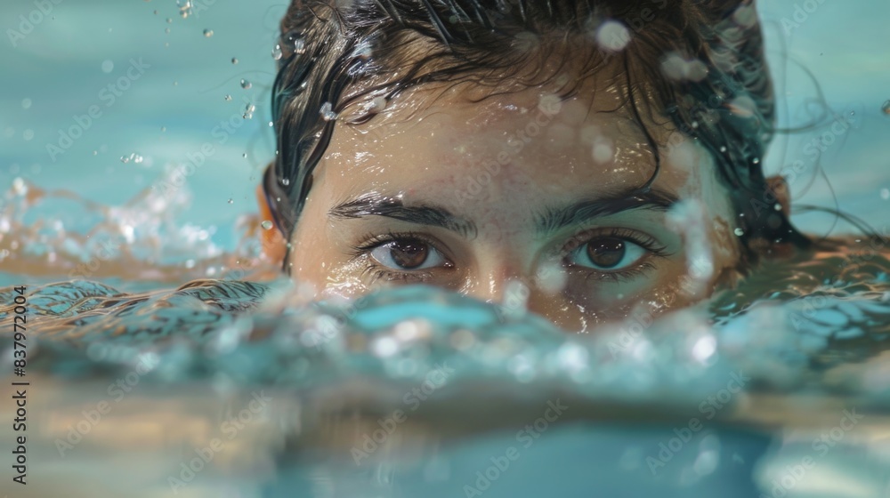 Fototapeta premium A woman swimming in a pool with her head above the water, ideal for sports and wellness themes