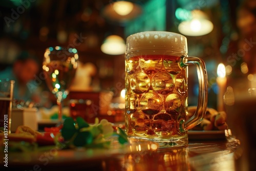 A glass of beer sits on a wooden table, ready for consumption