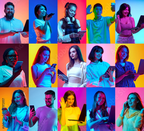 Collage made of portraits of young men and women using different gadgets for work and communication in neon light against multicolored background. Concept of human emotions, youth, lifestyle, business