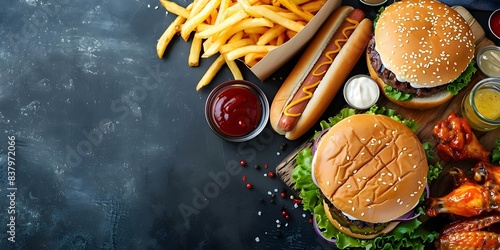 American Fast Food Delights Hot Dog, Hamburger, Fries, and Buffalo Wings. Concept Hot Dogs, Hamburgers, French Fries, Buffalo Wings, Fast Food photo