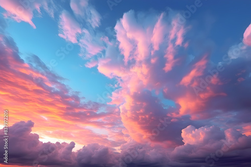 Sky background with blue and pink clouds. Greeting card with beautiful morning sky.