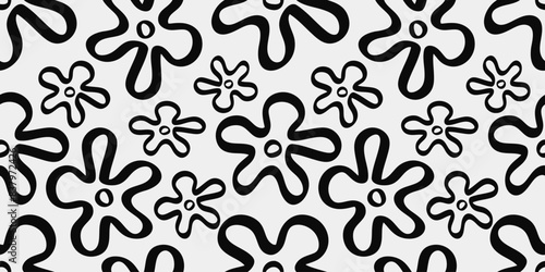 Floral hand drawn vector black and white seamless pattern, spring and summer,  random