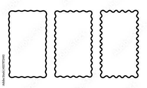 Set of vertical rectangle frames with wiggly edges. Rectangular shapes with scalloped borders. Mirror, picture or photo frameworks or boxes isolated on white background. Vector graphic illustration.