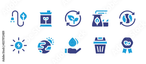 Environment icon set. Duotone color. Vector illustration. Containing ecoenergy, solarpower, ecology, purifiedwater, ecofactory, greenhouseeffect, biofuel, dustbin. photo