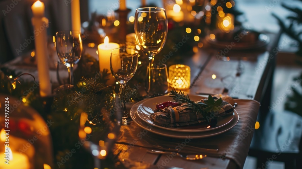 A table set with a variety of food and wine glasses, perfect for a dinner party or special occasion A table set with a variety of food and wine glasses, perfect for a dinner party or special occasion