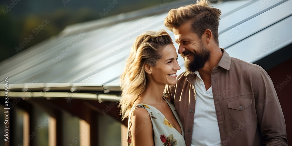Couple smiling in front of solar panels on their house. Concept Renewable Energy, Green Technology, Sustainable Living, Smiling Couple, Solar Panels