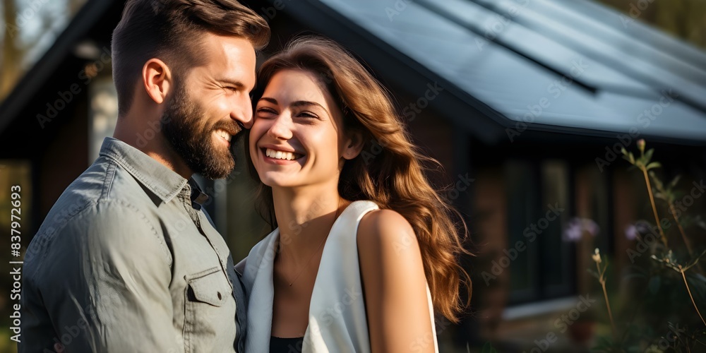 Couple smiling in front of the solar panels on their house. Concept Renewable Energy, Smiling Couple, Solar Panels, Home Sustainability, Eco-Friendly Living Couple smiling in front of the solar panels on their house. Concept Renewable Energy, Smiling Couple, Solar Panels, Home Sustainability, Eco-Friendly Living