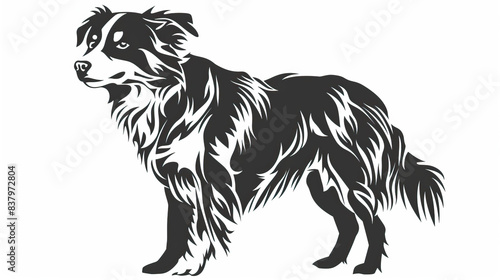 Simple and modern 2d vector graphic design illustration of Australian Shepherd dog in stencil print style on white background, black and white